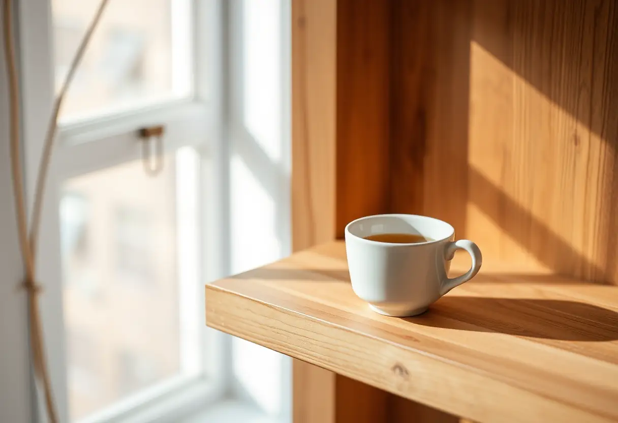 Tasse de porcelaine blanche sur une étagère dans un studio douillet