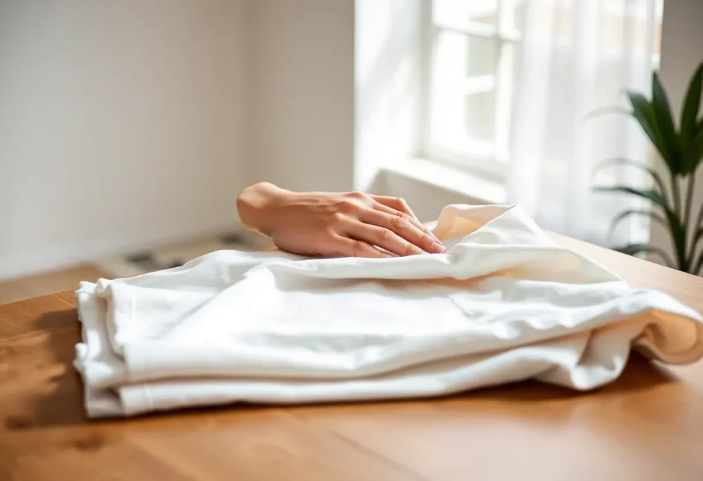 Une main féminine plie doucement un t-shirt en coton sur une table en bois, symbole de soin personnel et d'acceptation