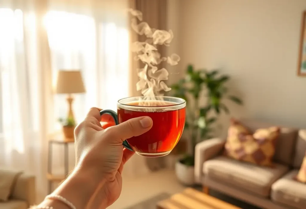 Une main tenant une tasse de thé aromatique dans un salon accueillant, éclairée par la lumière du jour, illustrant l'acceptation de soi