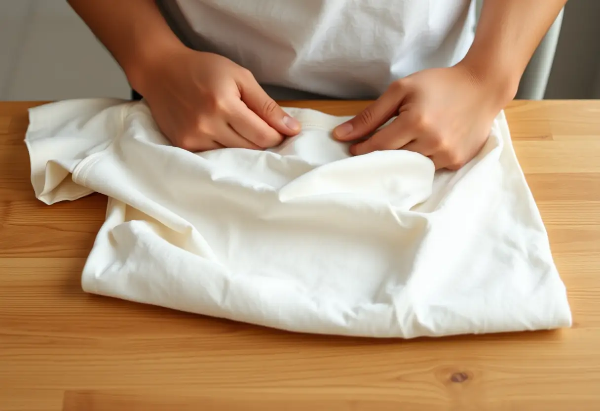 Des mains qui replient doucement un t-shirt en coton, la pièce tombe délicatement sur une table en bois, illustrant le confort et l'acceptation de soi