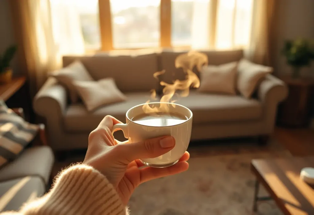 Une main tenant une tasse de thé chaud dans un salon accueillant, lumière douce