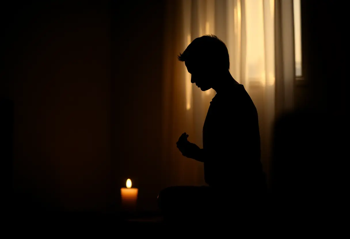 Silhouette d'une personne méditant dans une pièce éclairée par une bougie, ambiance paisible
