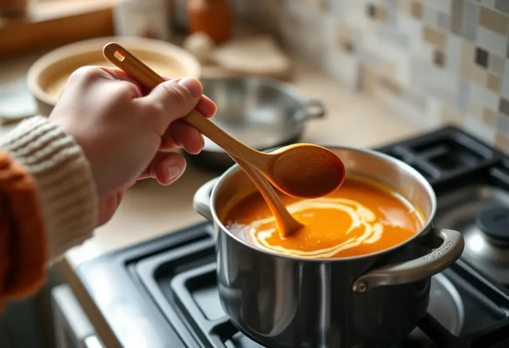 Main du bien-être, tenant une cuillère de bois dans une cuisine
