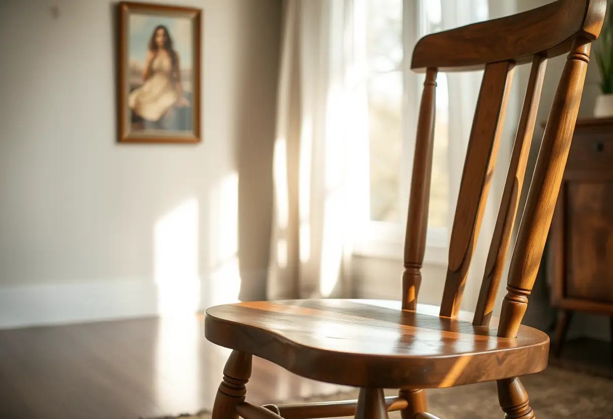 Chaise de bois dans le salon, reflétant la lumière du jour, symbole d'acceptation