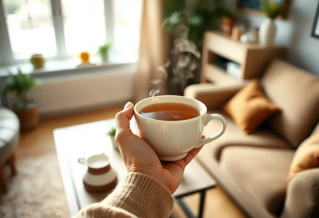 Une main tenant une tasse de thé chaud dans un salon accueillant