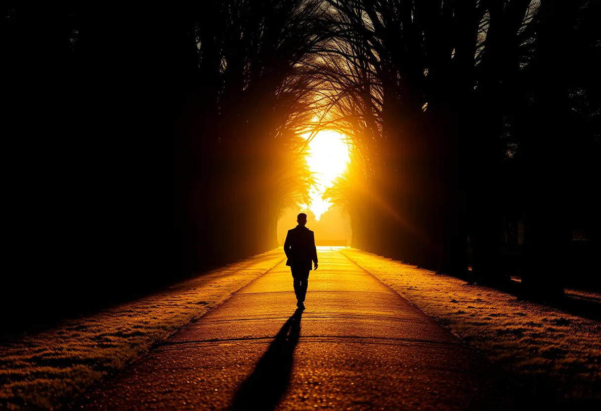 Un silhouetté marche sur un chemin ombragé par des arbres, éclairé par la lumière dorée du crépuscule