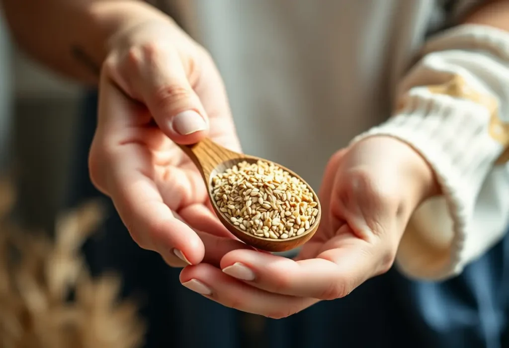 Une main féminine tient une cuillère en bois remplie de graines de lin, symbole de remèdes naturels.