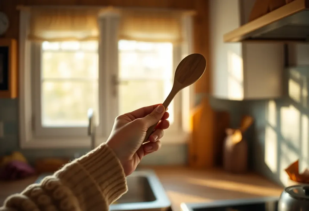 Une main tenant une cuillère en bois dans une cuisine accueillante, symbolisant la chaleur et le confort.