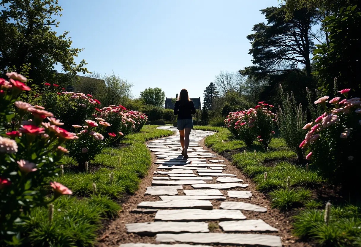 Silhouette de quelqu’un marchant sur un chemin en pierre entouré de fleurs en fleur, représentant la paix et l'auto-acceptation.