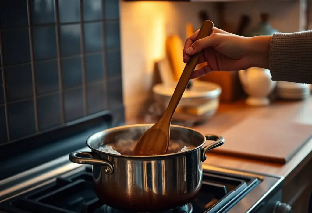 Une main féminine tient une cuillère en bois au-dessus d'une marmite bouillonnante dans une cuisine accueillante, thème du bien-être et de l'acceptation de soi.