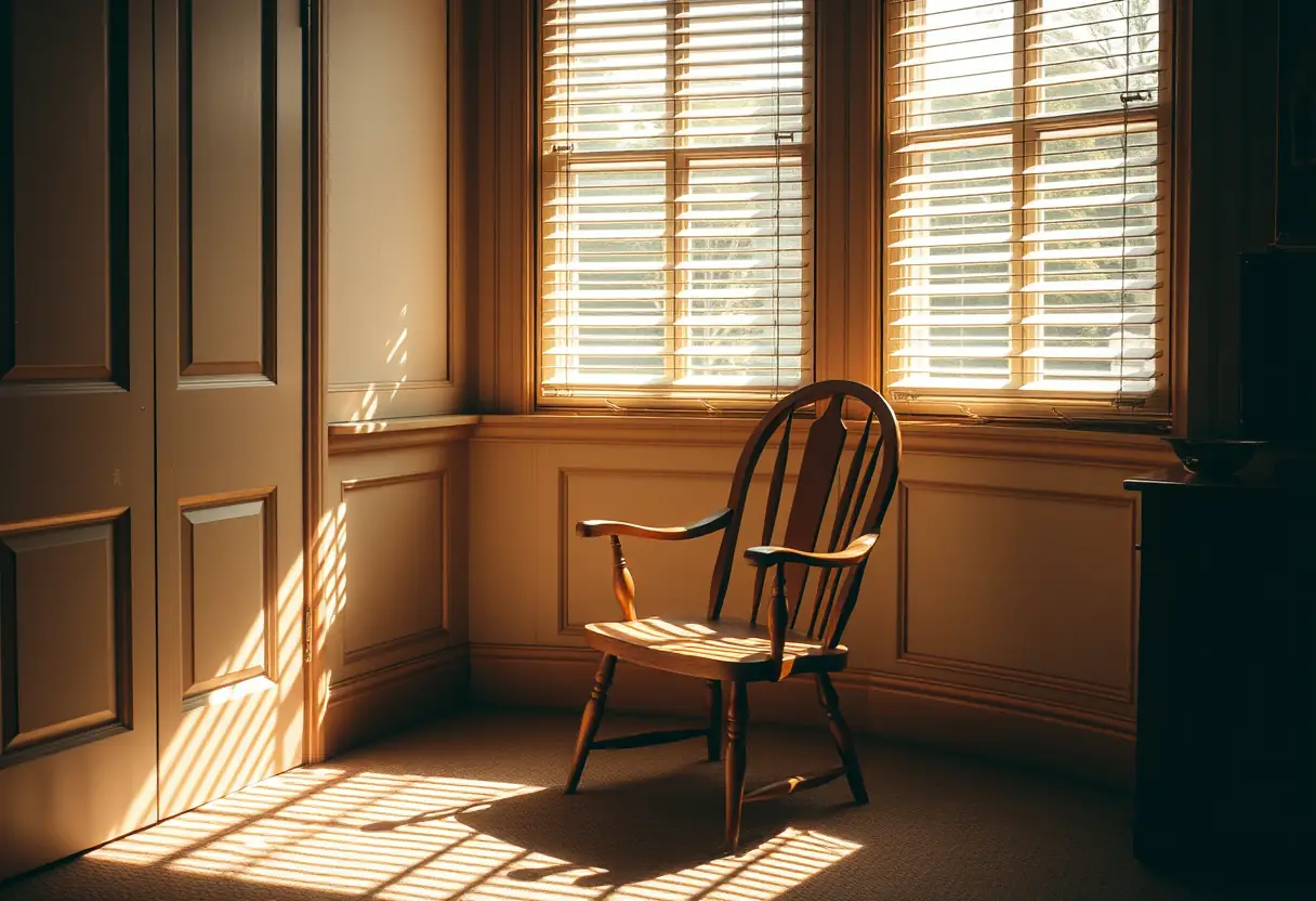 Un fauteuil en bois est placé dans un coin d'un bureau calme, la lumière du soleil filtre à travers des stores, créant une douce lumière chaude, thème de l'auto-acceptation.