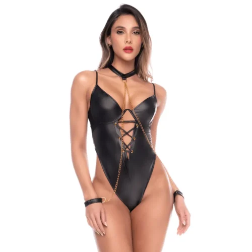 Body Lingerie Mapale 2825 Wetlook Noir Effet Cuir Détails Métalliques Glamour