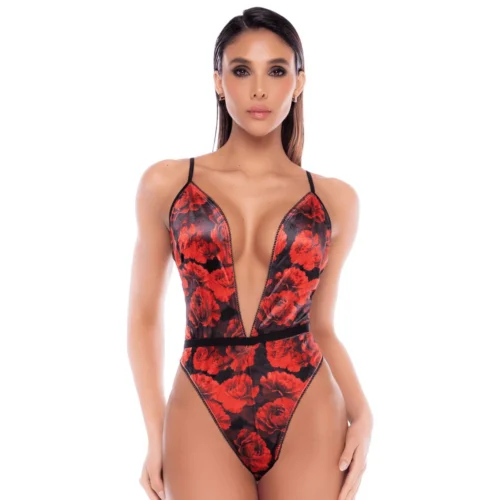 Body Lingerie Mapale Noir Rouge Imprimé Floral Résille Sexy Décolleté Plongeant