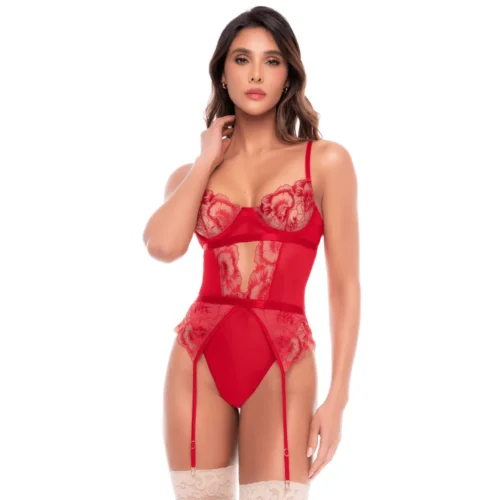 Body Lingerie Rouge Transparent Broderies Florales Mapale Séduction Féminine