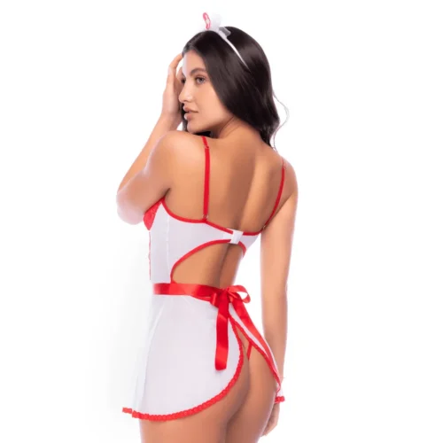 Déguisement infirmière blanc et rouge vue de dos, bustier dentelle, bretelles fines, nœud satin taille, jupe fendue.