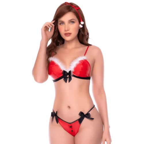Ensemble Lingerie Noël Rouge Festif Glamour Satiné Duveteux Féminin Mapale