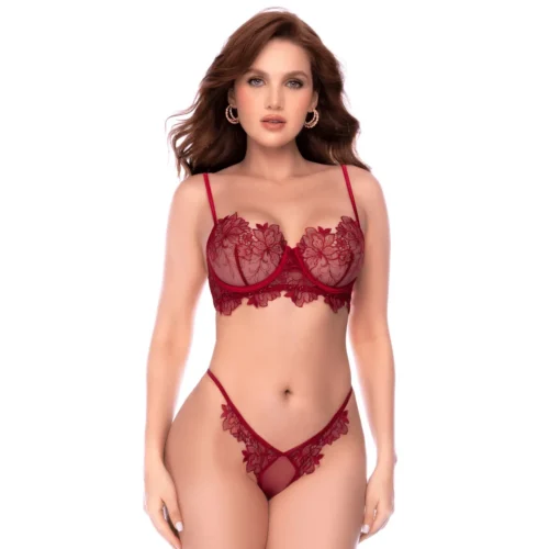 Ensemble Lingerie Résille Broderies Florales Rouge Bordeaux Mapale Séduisant Élégant