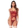 Ensemble lingerie résille broderies florales Mapale rouge bordeaux bustier armatures ajustable