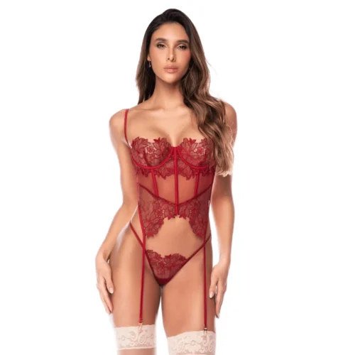 Ensemble lingerie résille broderies florales Mapale rouge bordeaux bustier armatures ajustable