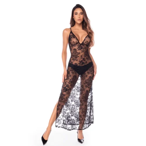 Nuisette Maxi Dentelle Transparente Noir Décolleté Plongeant Féminine Sophistiquée Mapale Lingerie