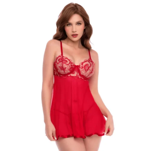 Nuisette rouge vue de face, tulle transparent, broderies florales sur bonnet, fines bretelles réglables.