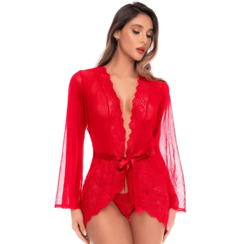 Peignoir Lingerie Transparente Rouge Mapale 7639 Résille Plumetis Élégance Sensuelle